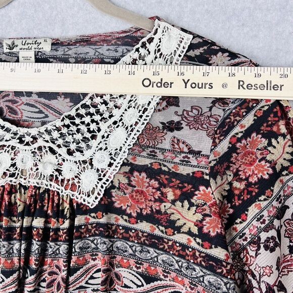 Unity World Wear Boho Top Womens XL Beige Crochet Neckline Flowy Cottagecore - Picture 7 of 15